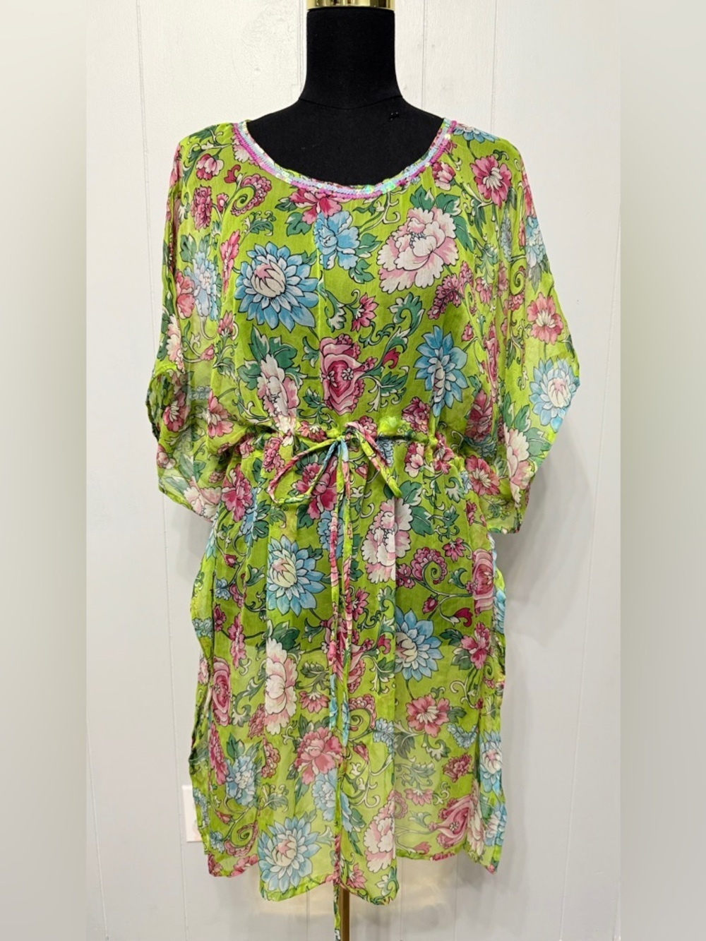 Floral Tie-Waist Sheer Tunic Top - Lime Green